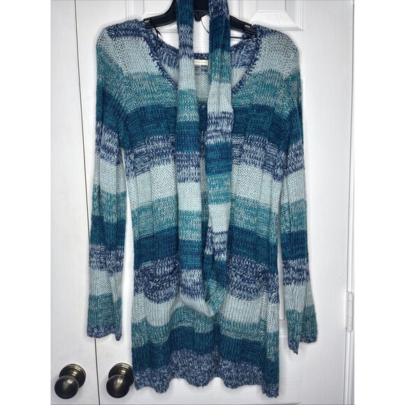 Canyon River Blues Large Sweater Blue Aqua White Striped Knit Long Sleeve Boho - Picture 1 of 5
